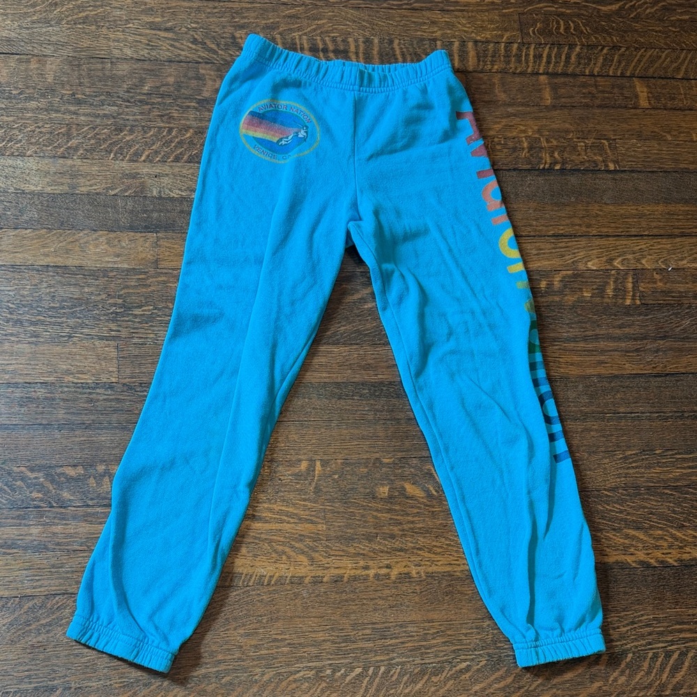 Aviator Nation Girls' turquoisBlue sweatpants “Venice” rainbow logo kids size 14
